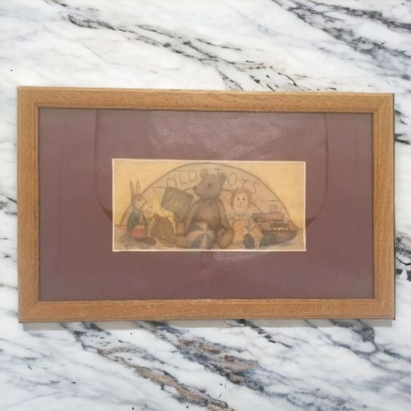 VTG Raggedy Ann Framed Print Plaque Sign Old Toys Teddy Bear Burgundy Matte Wood - Picture 1 of 9